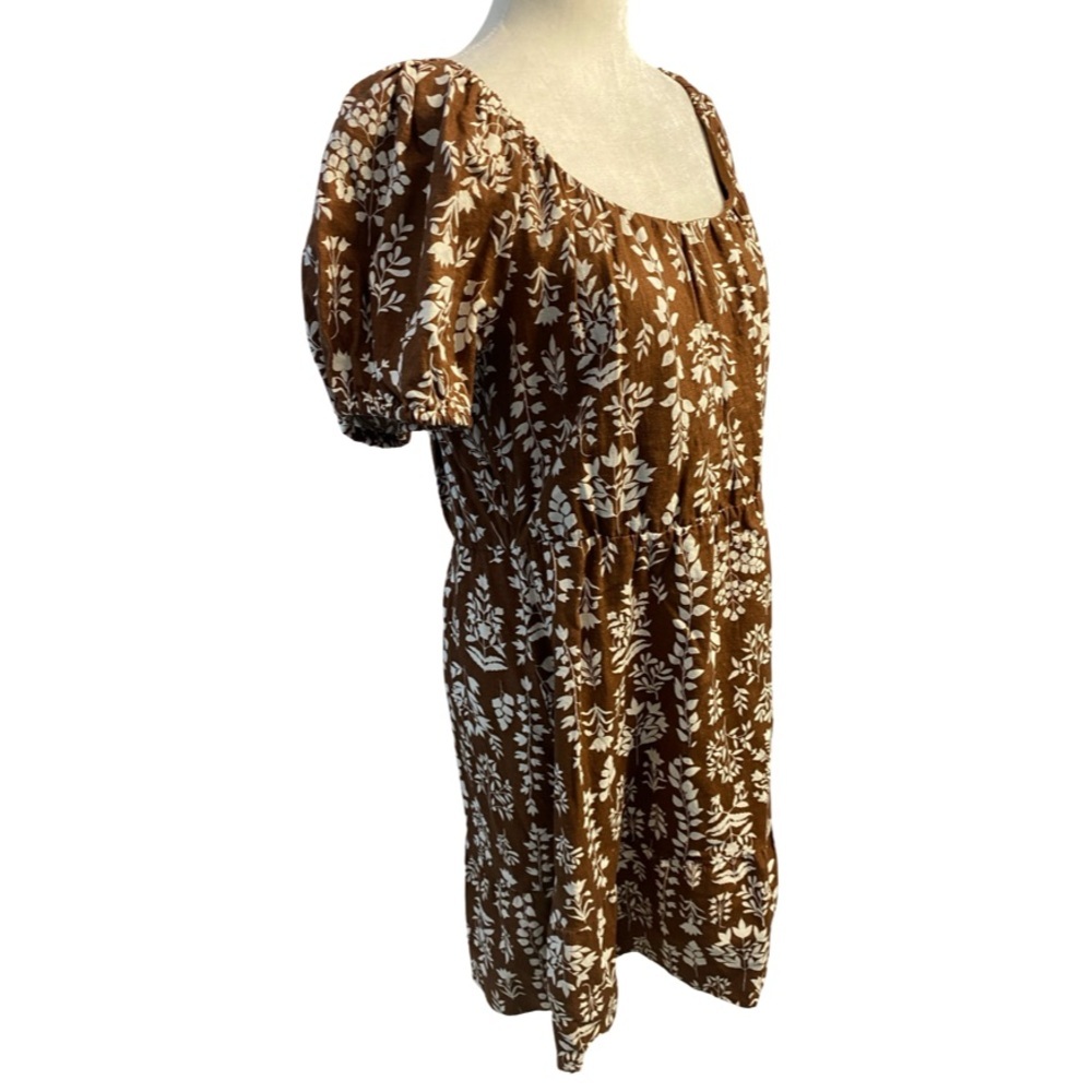 Reitmans Brown Floral Puff Sleeve Mini Dress Cottagecore Size L Linen Blend - Picture 6 of 14